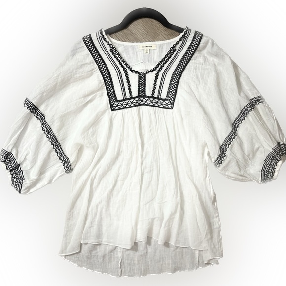 Max Studio Embroidered Peasant Boho 100% Cool Cotton White/Blk Tag M-Fit… - Picture 16 of 16